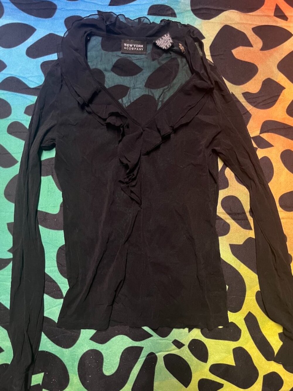 NEW YORK & COMPANY BLACK SHEER LONG SLEEVE RUFFLE COLLAR BLOUSE TOP MEDIUM